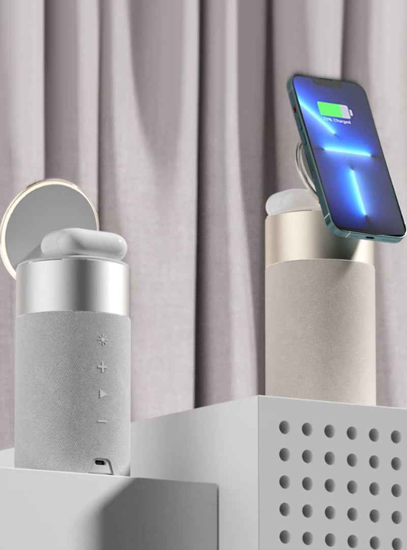 Smart Charging Hub 3-in-1 Wireless Charger, Bluetooth Speaker & Touch Lamp for iPhone, AirPods, and Magnetic Case-Compatible Devices
#Color=Gold,Oro