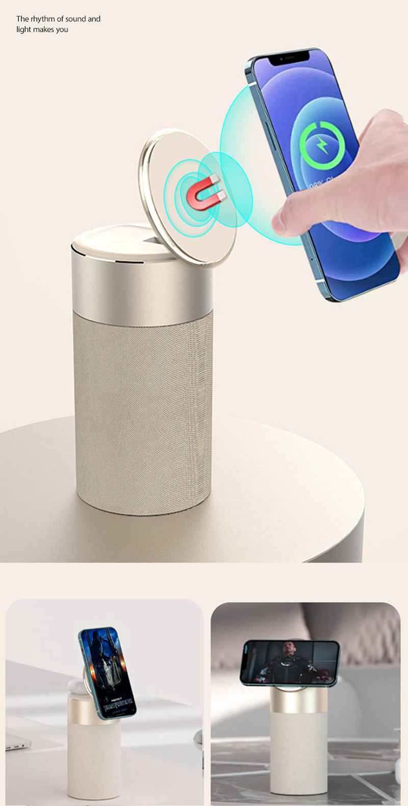 Smart Charging Hub 3-in-1 Wireless Charger, Bluetooth Speaker & Touch Lamp for iPhone, AirPods, and Magnetic Case-Compatible Devices
#Color=Gold,Oro