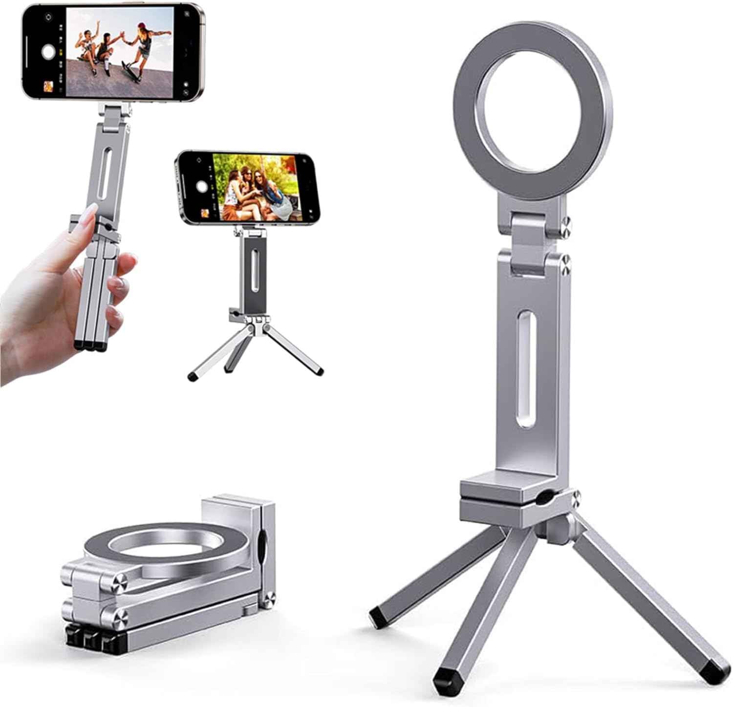 Magnetic Tripod Stand 360° Rotating Foldable Pocket Mount Compatible with iPhone and MagSafe Phones
#Color=Silver,Argento