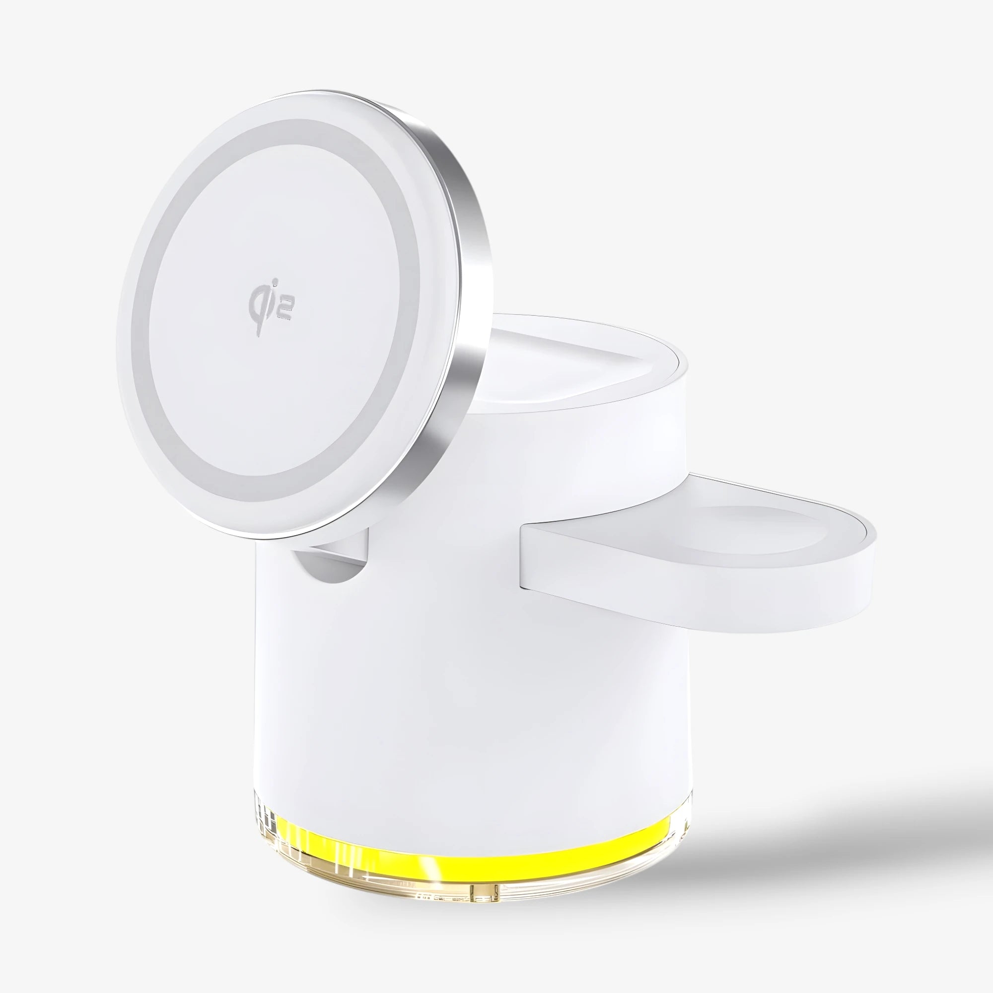 Foldable 4-in-1 Qi2 wireless charger powering a smartphone, smartwatch, and earbuds simultaneously #Color=White