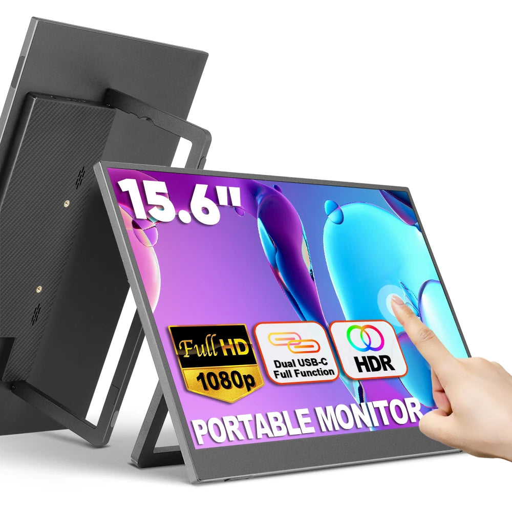 SIBOLAN Portable touchscreen monitor 15.6 inch FHD IPS display with USB dual extender and integrated kickstand for laptop and PC