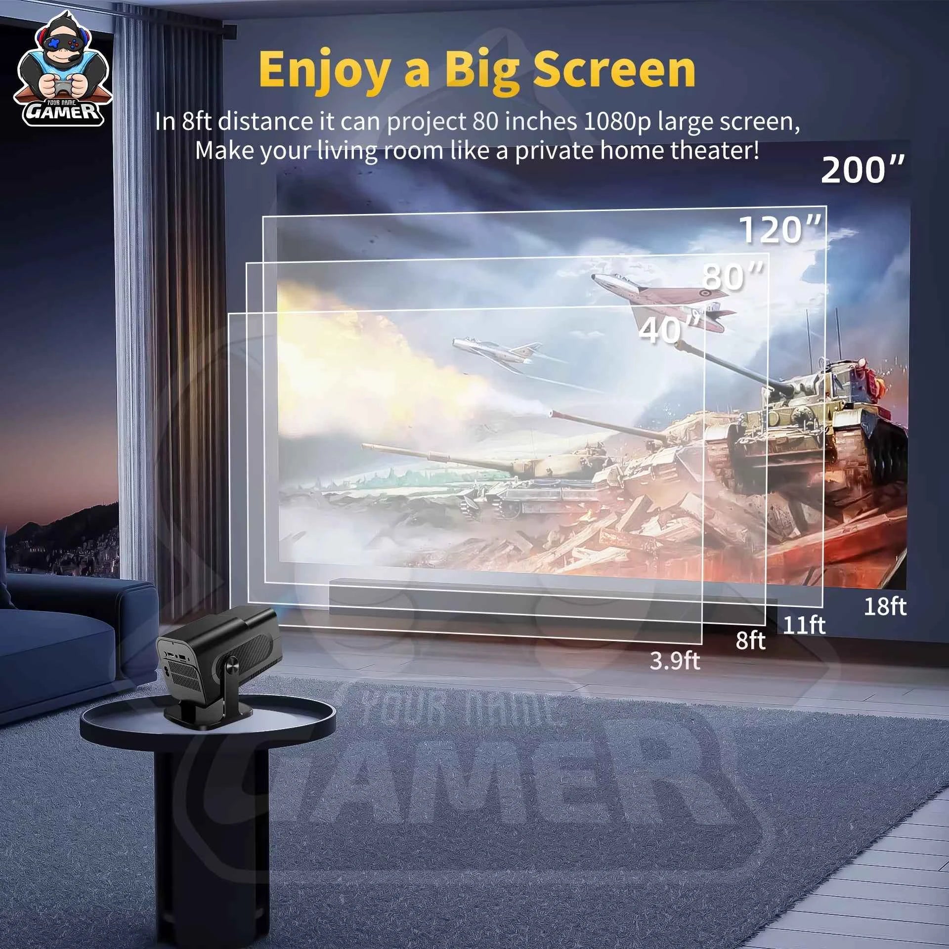 HCS350 Pro+ Smart Mini Projector | 4K Input, Android 16, 450 ANSI Lumens. 200" Home Cinema