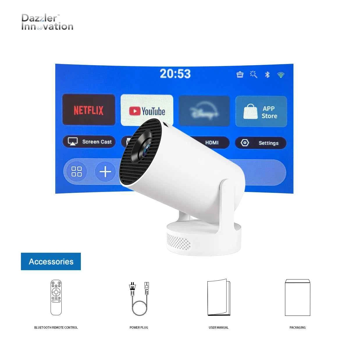 Dazzler HY300 Ultra mini projector 4K Ultra HD portable home theater with smart WiFi and Bluetooth for indoor and outdoor entertainment