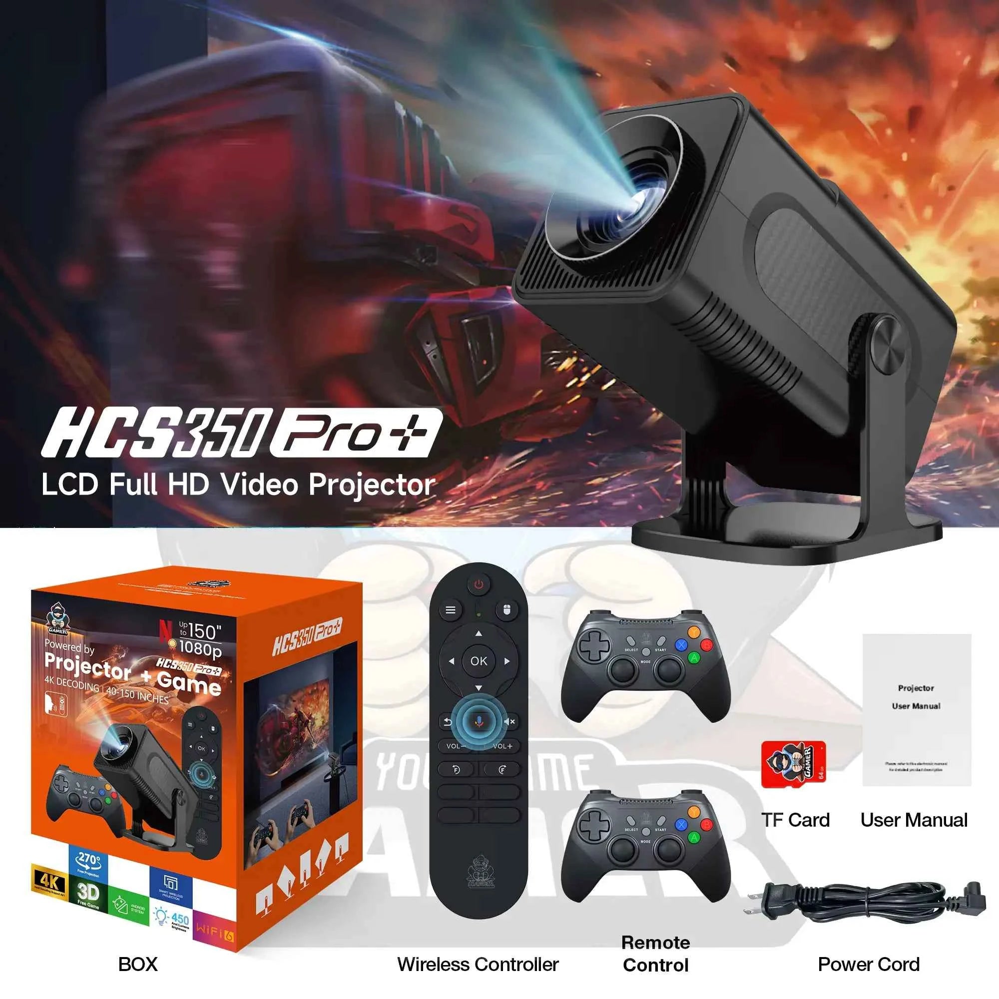 HCS350 Pro+ Smart Mini Projector | 4K Input, Android 16, 450 ANSI Lumens. 200" Home Cinema