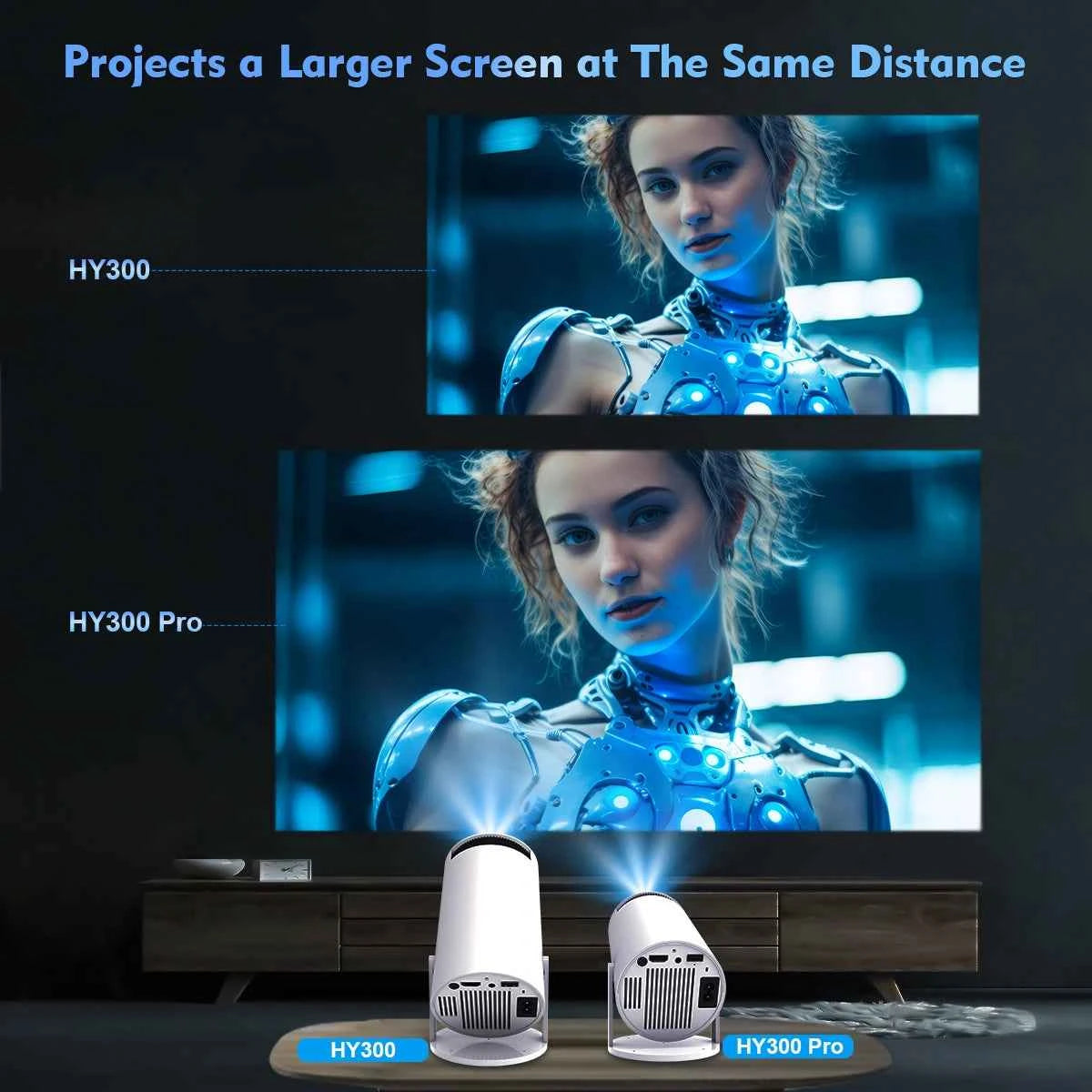 Portable Projector HY300 Pro LED 260 ANSI, Android 11 with Apps, 720P HD, Dual WiFi 6 & BT 5.0, Home and Outdoor Cinema