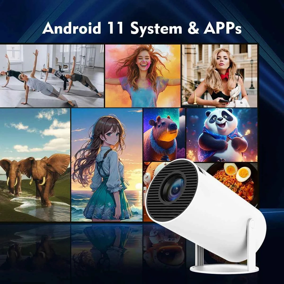 Portable Projector HY300 Pro LED 260 ANSI, Android 11 with Apps, 720P HD, Dual WiFi 6 & BT 5.0, Home and Outdoor Cinema