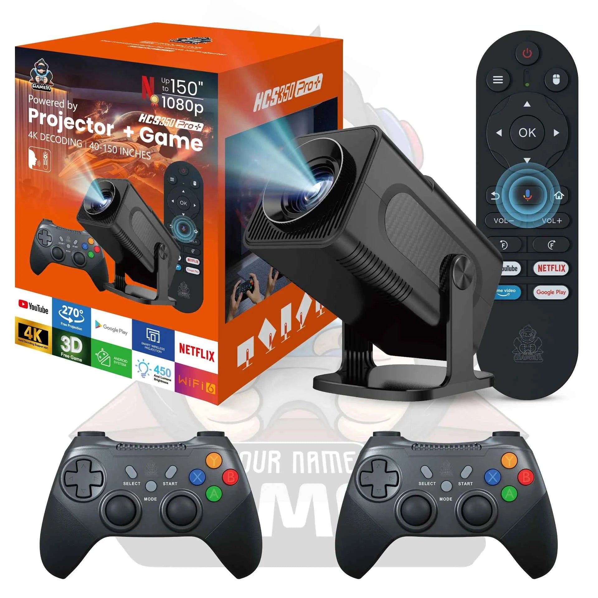 HCS350 Pro+ Smart Mini Projector | 4K Input, Android 16, 450 ANSI Lumens. 200" Home Cinema