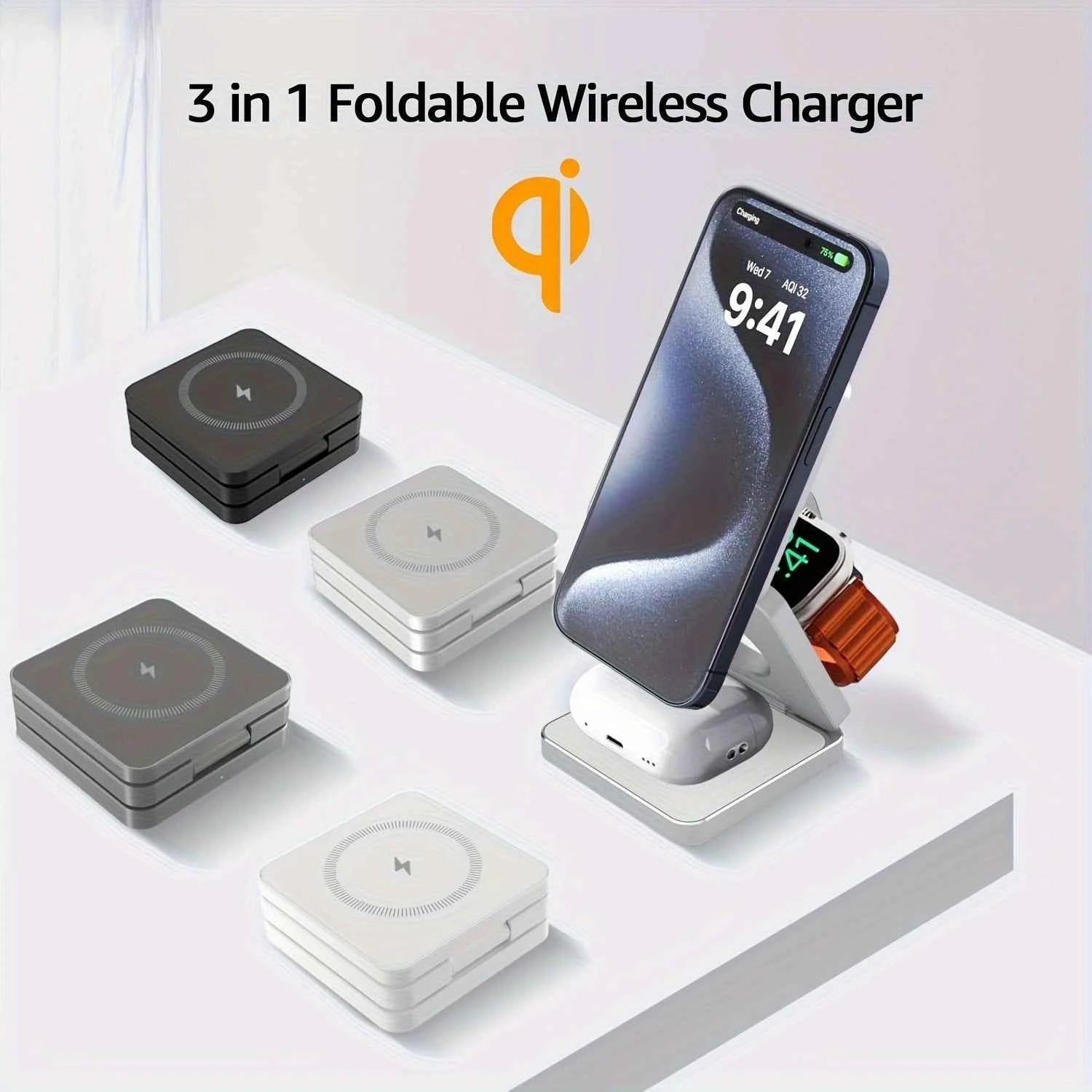 Magnetic Charger Station 3-in-1 | 15W Fast Wireless Dock for iPhone, Apple Watch, AirPods, MagSafe Android Phones, Google Pixel, Foldable Design