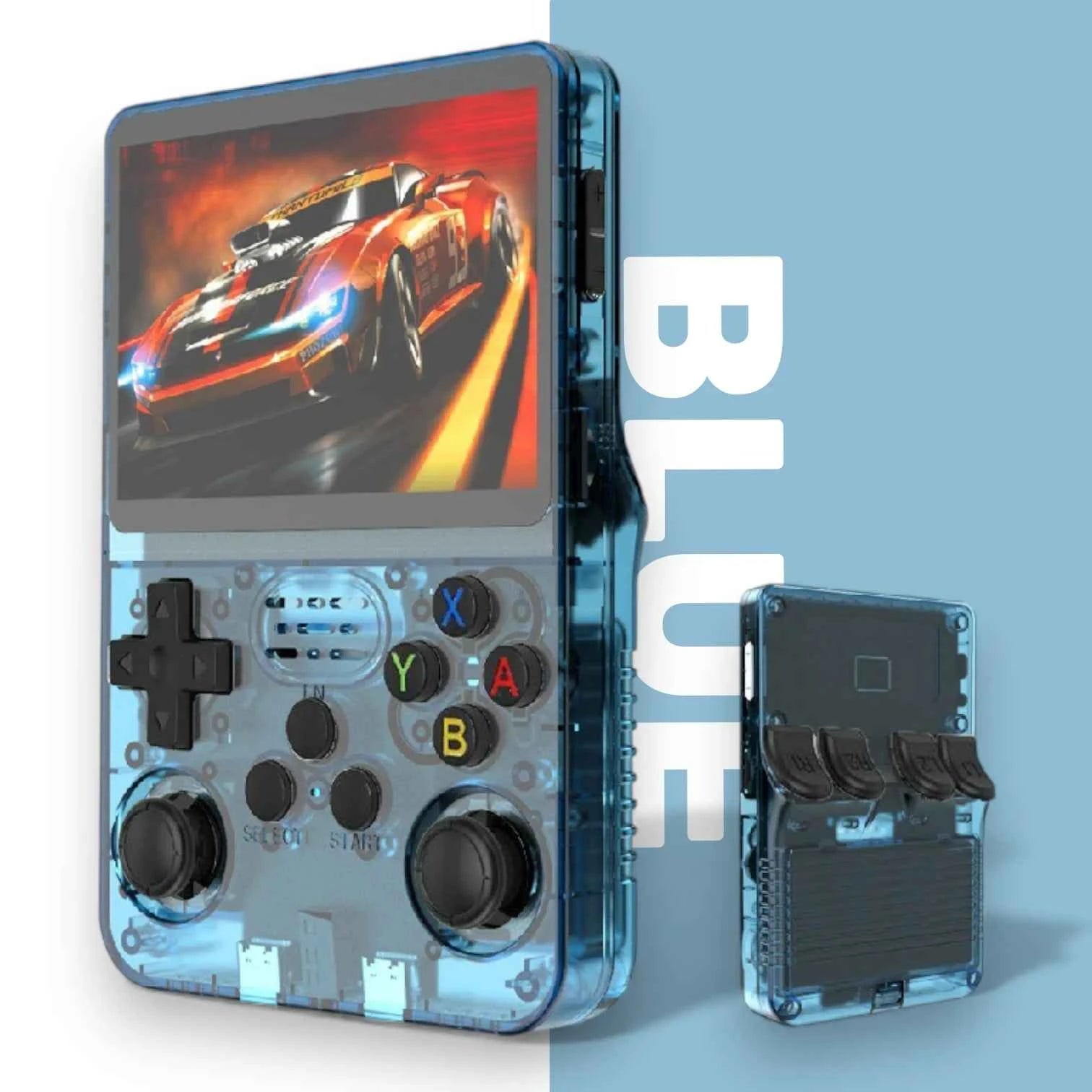 R36S Retro Handheld Console Transparent Version with 3.5 inch IPS Display, Open Source Linux System and Classic Game Support
#Color=Blue,Blu