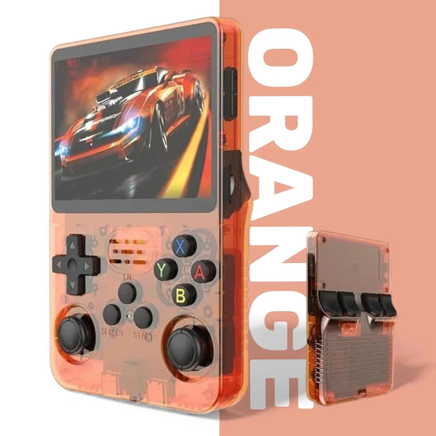 R36S Retro Handheld Console Transparent Version with 3.5 inch IPS Display, Open Source Linux System and Classic Game Support
#Color=Orange,Arancione