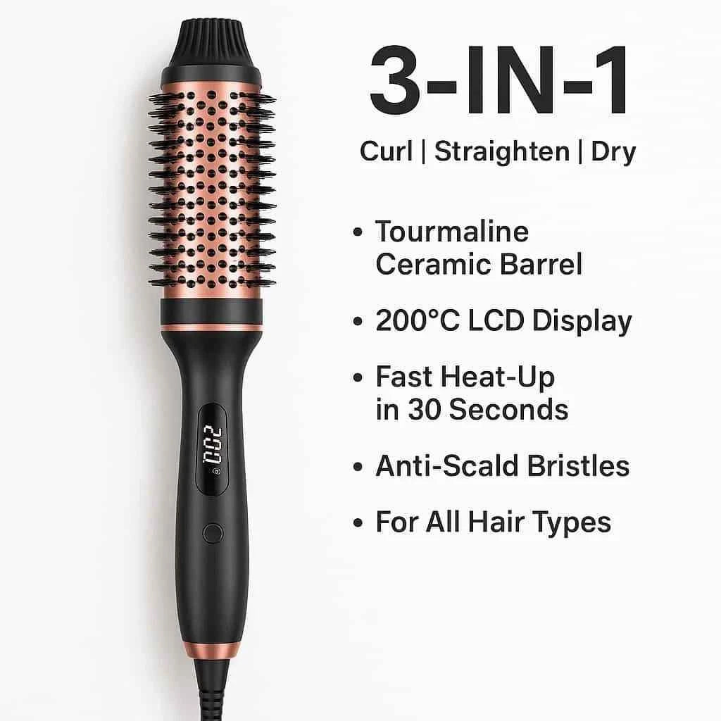 Professional Thermal Hair Brush 3 in 1: Curls, Straightens and Volumizes with Negative Ion Technology