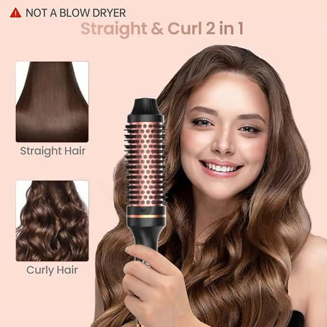 3 in 1 Hair Curler Straightener Brush Ceramic Thermal Curling Iron Volumizing Comb with Double PTC Heater, Professional Heated Styling Tool