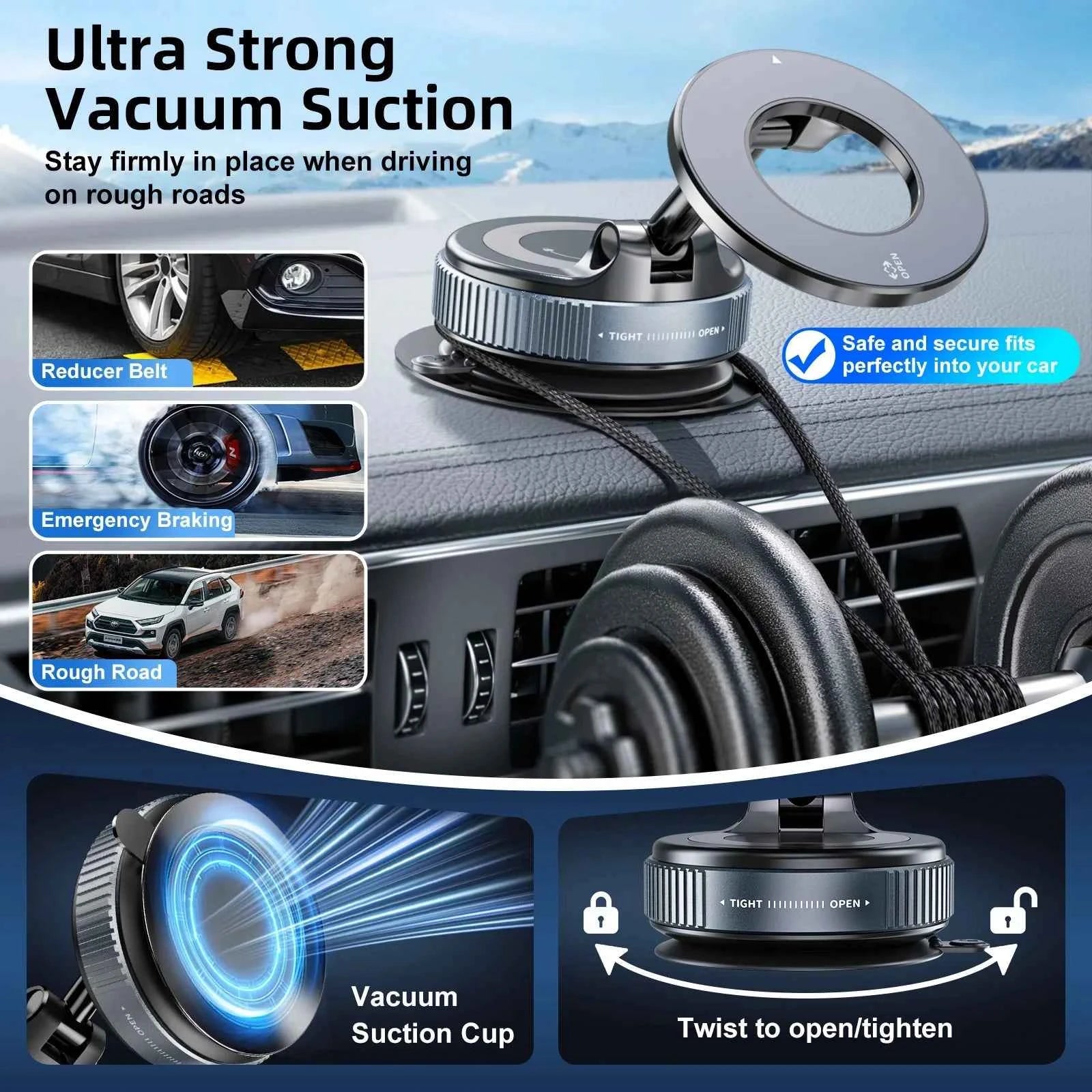 Magnetic Phone Mount for Car 360° Rotating Phone Holder with Mechanical Vacuum Suction Cup, Strong Magnetic Lock, Universal Navigation Bracket
