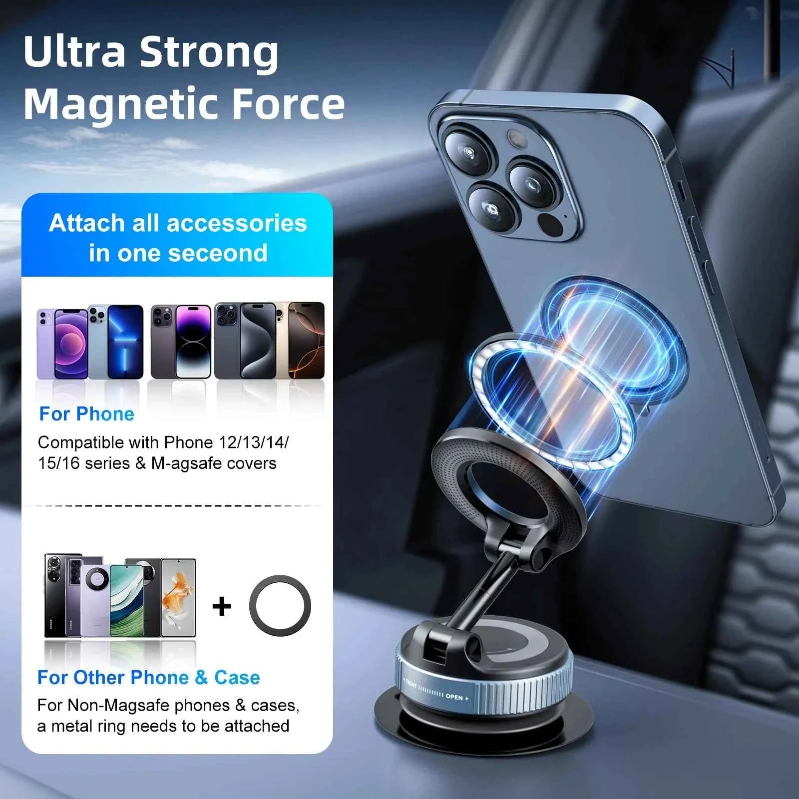 Magnetic Phone Mount for Car 360° Rotating Phone Holder with Mechanical Vacuum Suction Cup, Strong Magnetic Lock, Universal Navigation Bracket