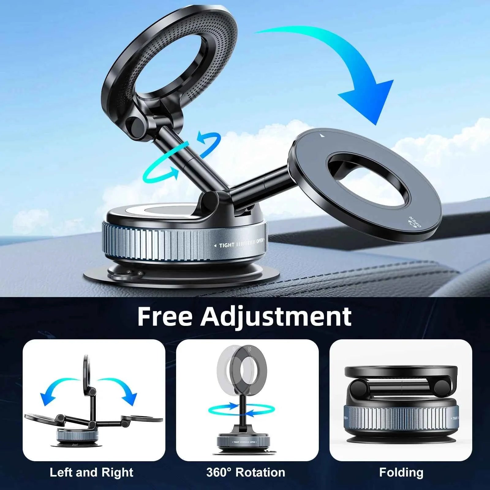 Magnetic Phone Mount for Car 360° Rotating Phone Holder with Mechanical Vacuum Suction Cup, Strong Magnetic Lock, Universal Navigation Bracket