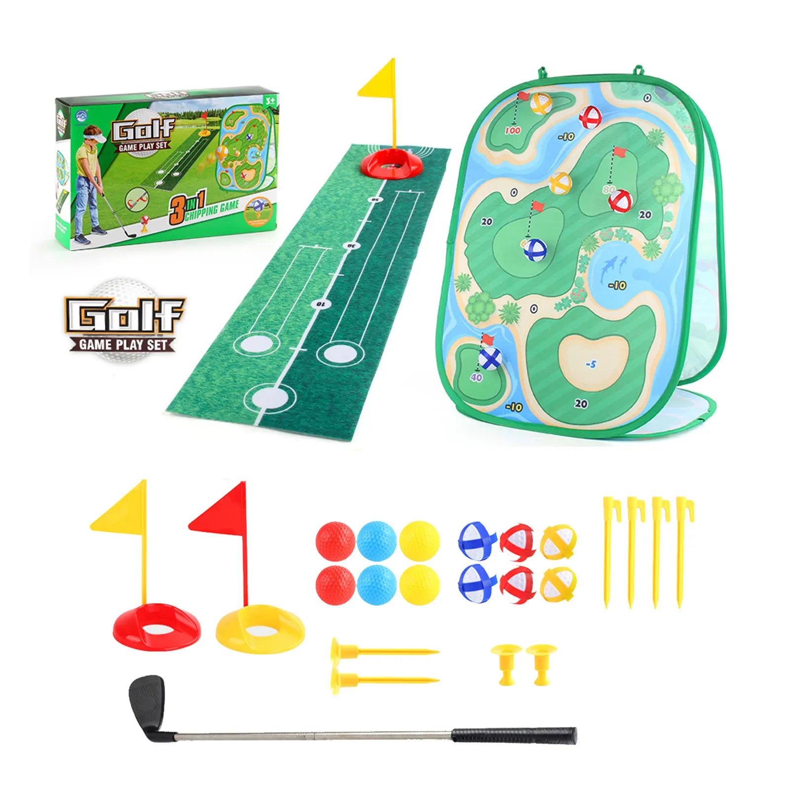 Kids Golf Game Chipping Mat Set with Dart Target, Golf Club, Sticky Balls, Outdoor Training and Toy Set