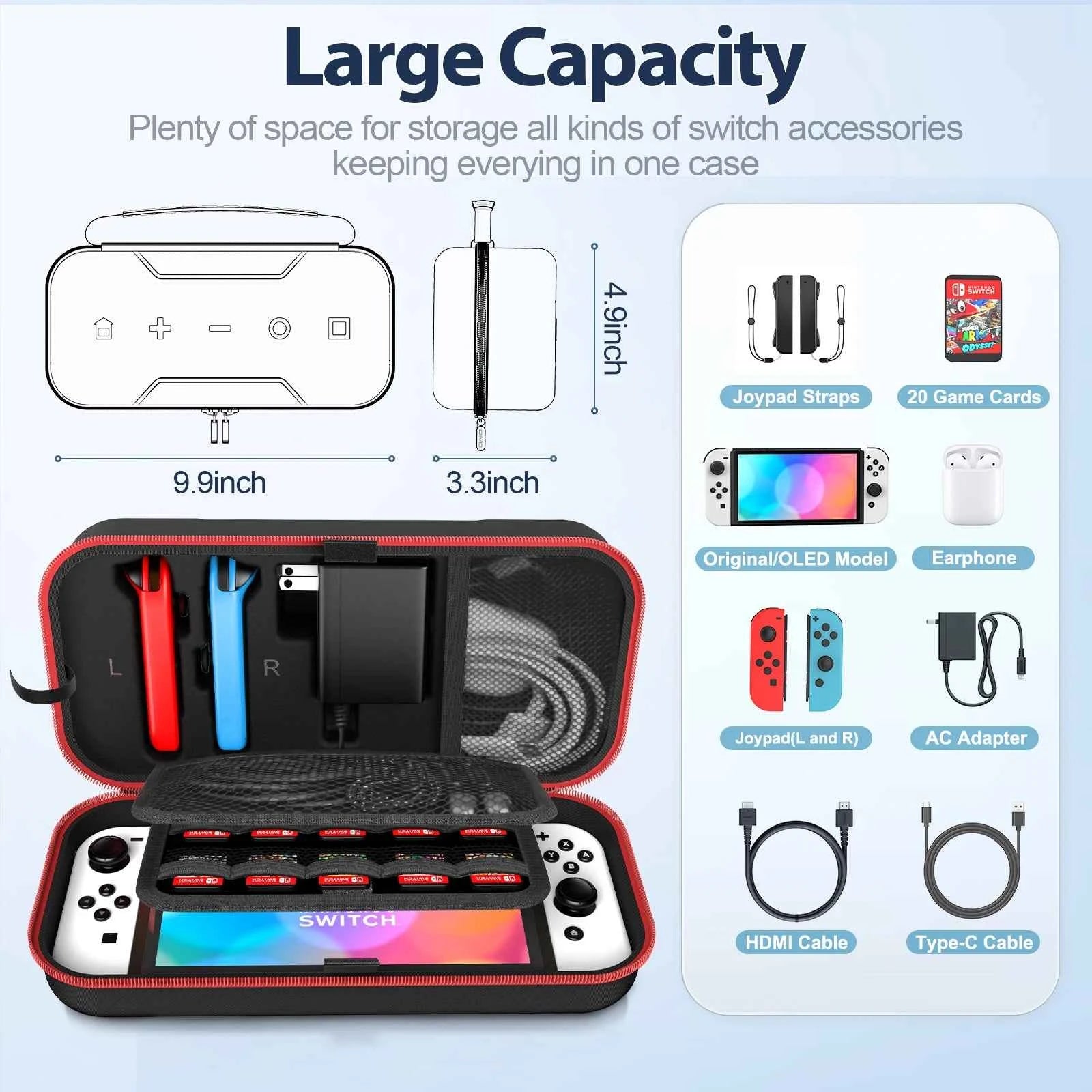 OIVO Switch Case Large Storage Bag for Nintendo Switch & OLED, Waterproof Travel Carrying Case, Anti-Scratch Protective Organizer
#Color=Red with US Plug,Rosso con Spina US