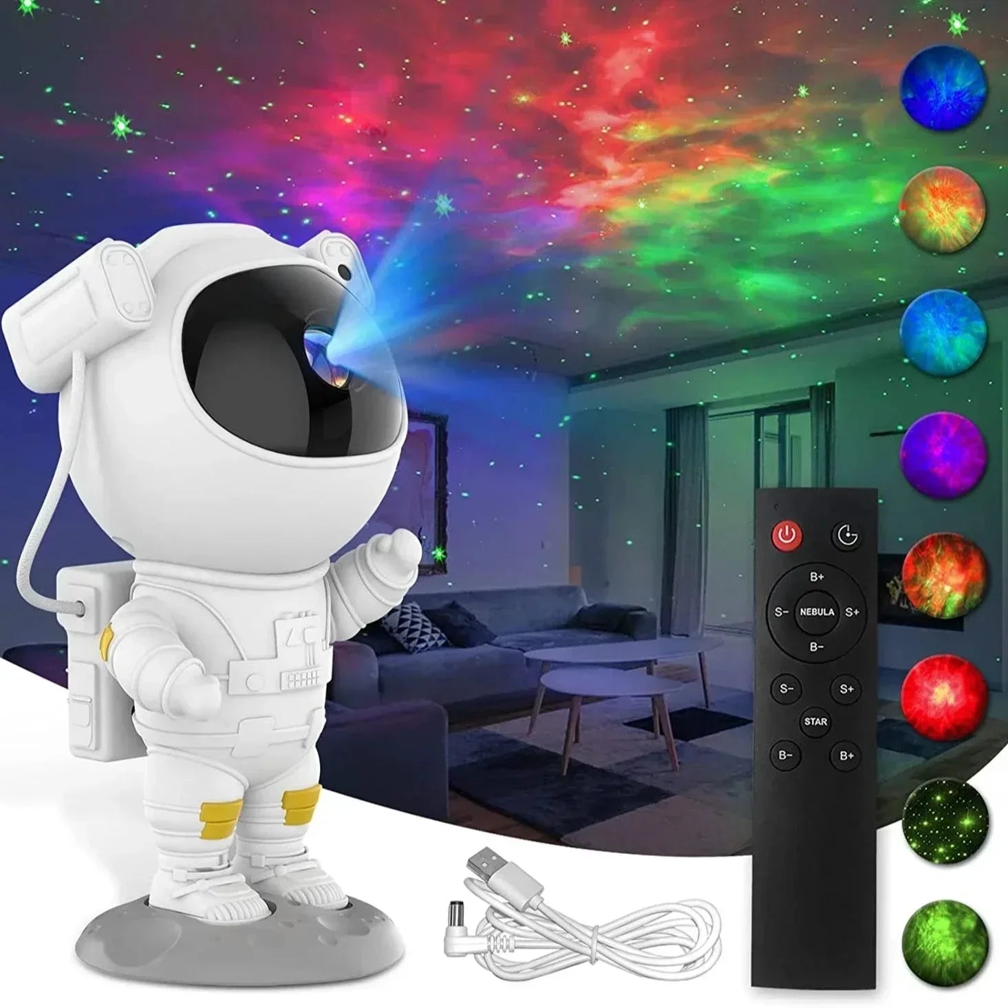 Spaceman Lamp Seven-Color Night Light Projector with 8 Nebula Effects, Remote Control Star Projection for Indoor Bedroom Use