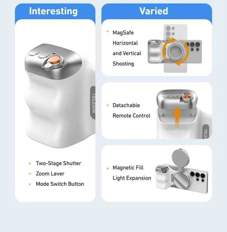 Magnetic Camera Grip White | Phone Holder & Remote Shutter Aid with MagSafe for iPhone, Google Pixel, Android Devices.