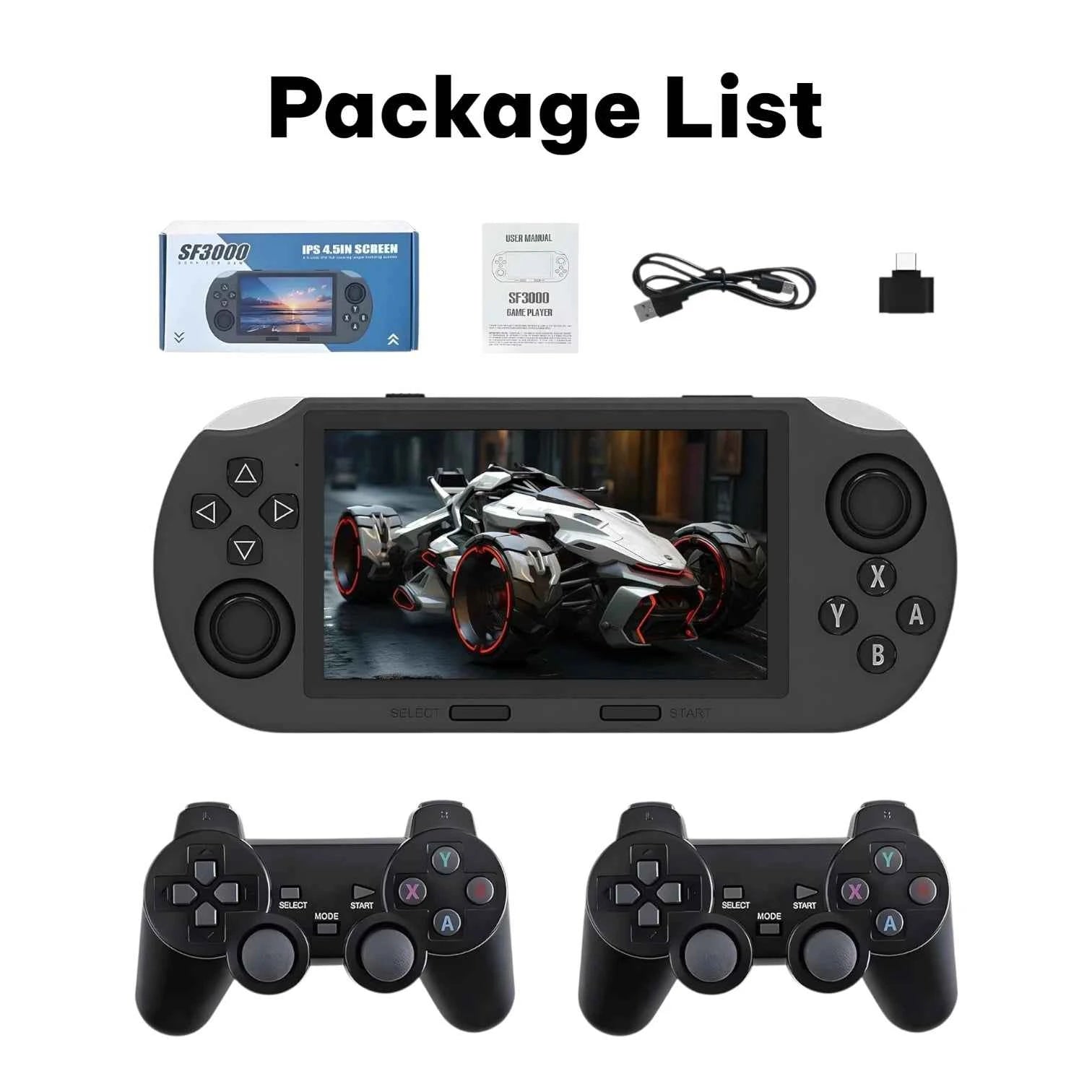 SF3000 Retro Handheld Console 64GB 20000+ Games 2 Wireless Controllers 4.5 Inch IPS HD Screen