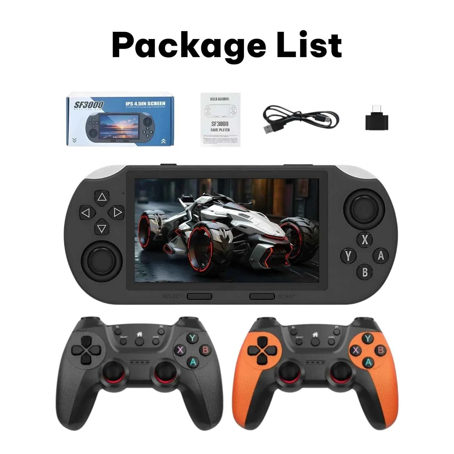 SF3000 Retro Handheld Console 64GB 20000+ Games 2 Rechargeable Wireless Controllers 4.5 Inch IPS HD Screen
