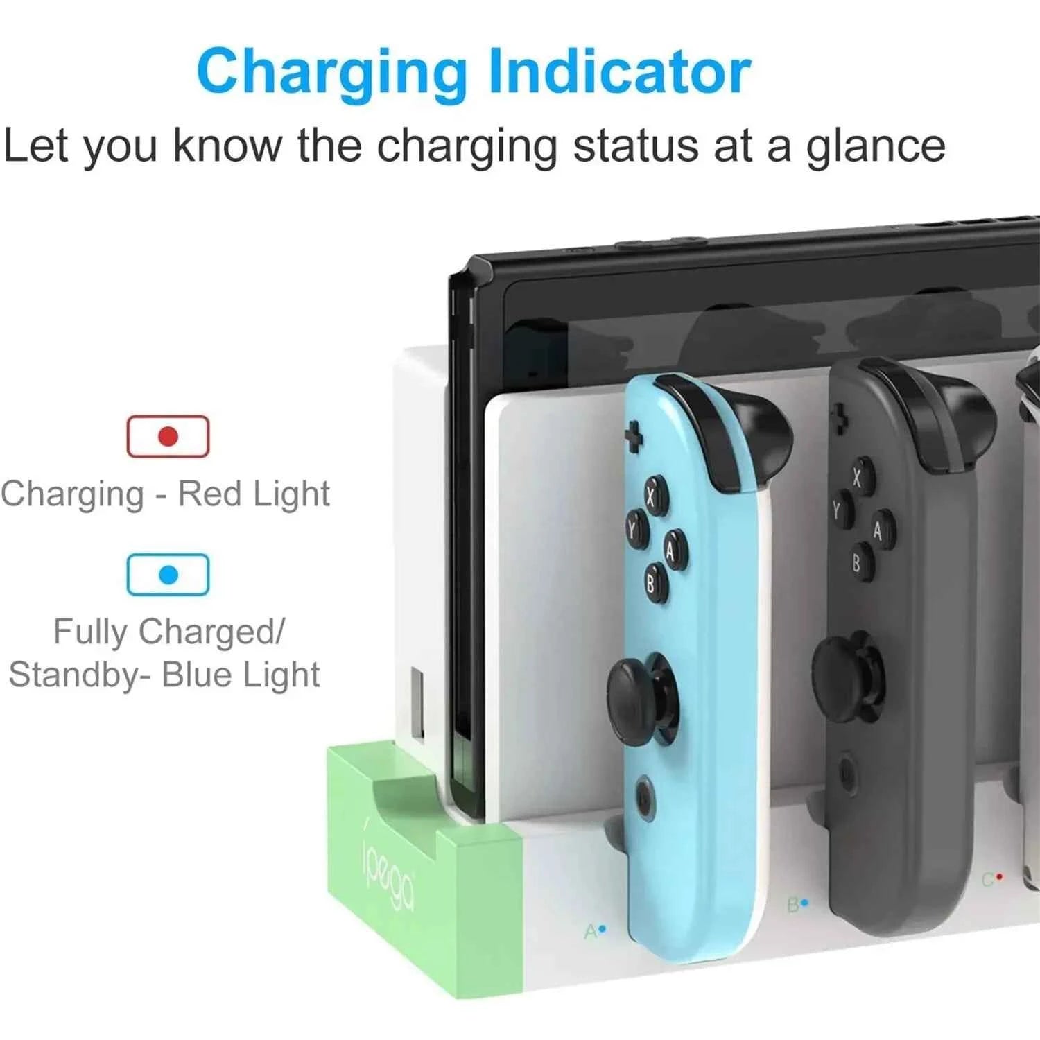 IPEGA Joycon Charger PG-9186 Dock Station for Nintendo Switch & OLED | Charges 4 Controllers Simultaneously | Compact & LED Status Display