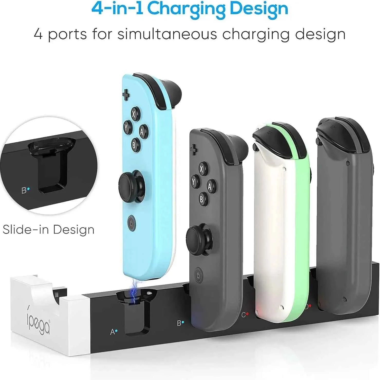 IPEGA Joycon Charger PG-9186 Dock Station for Nintendo Switch & OLED | Charges 4 Controllers Simultaneously | Compact & LED Status Display