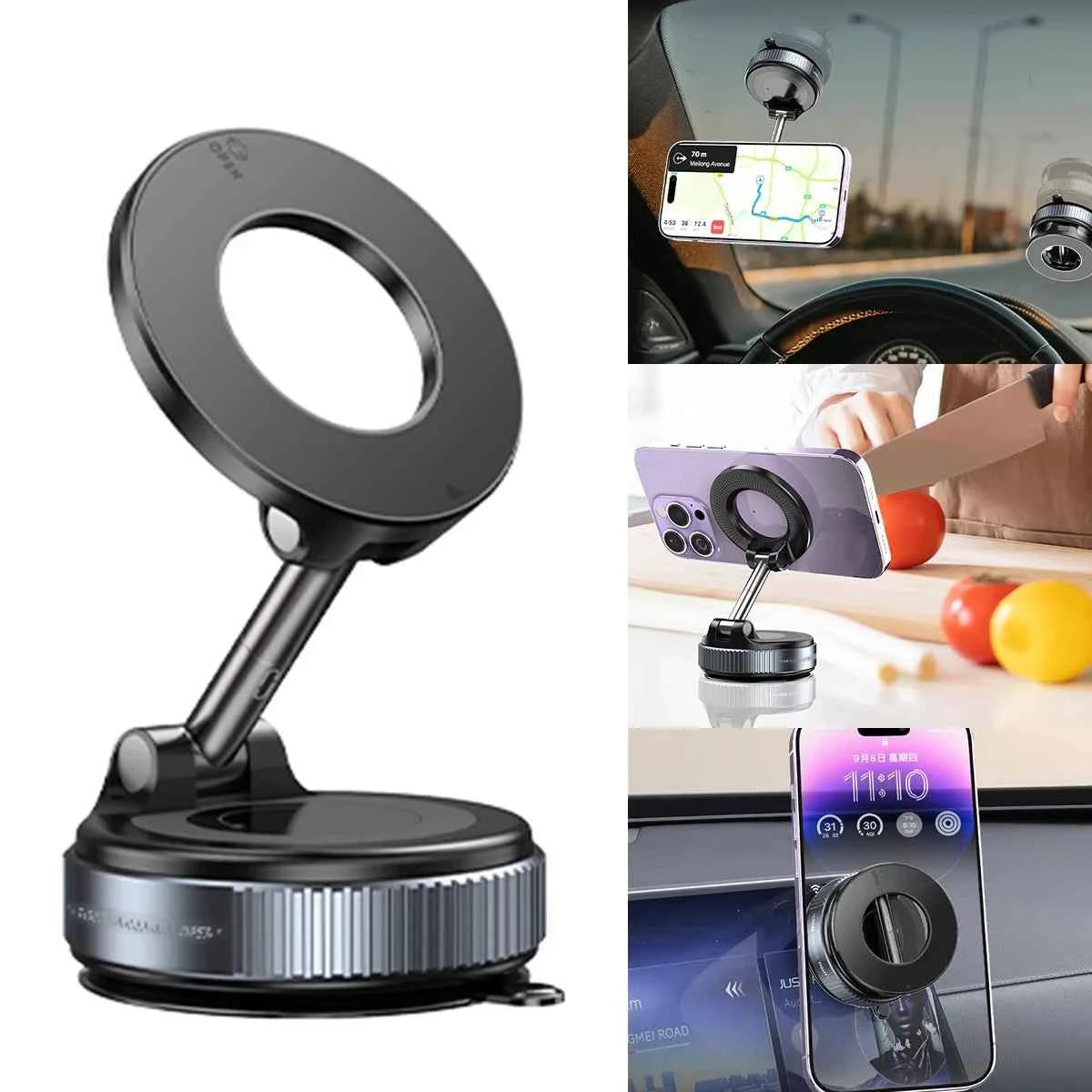 Magnetic Phone Mount for Car 360° Rotating Phone Holder with Mechanical Vacuum Suction Cup, Strong Magnetic Lock, Universal Navigation Bracket