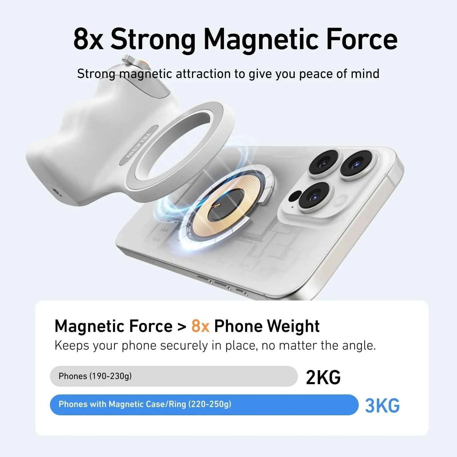 Magnetic Camera Grip White | Phone Holder & Remote Shutter Aid with MagSafe for iPhone, Google Pixel, Android Devices.