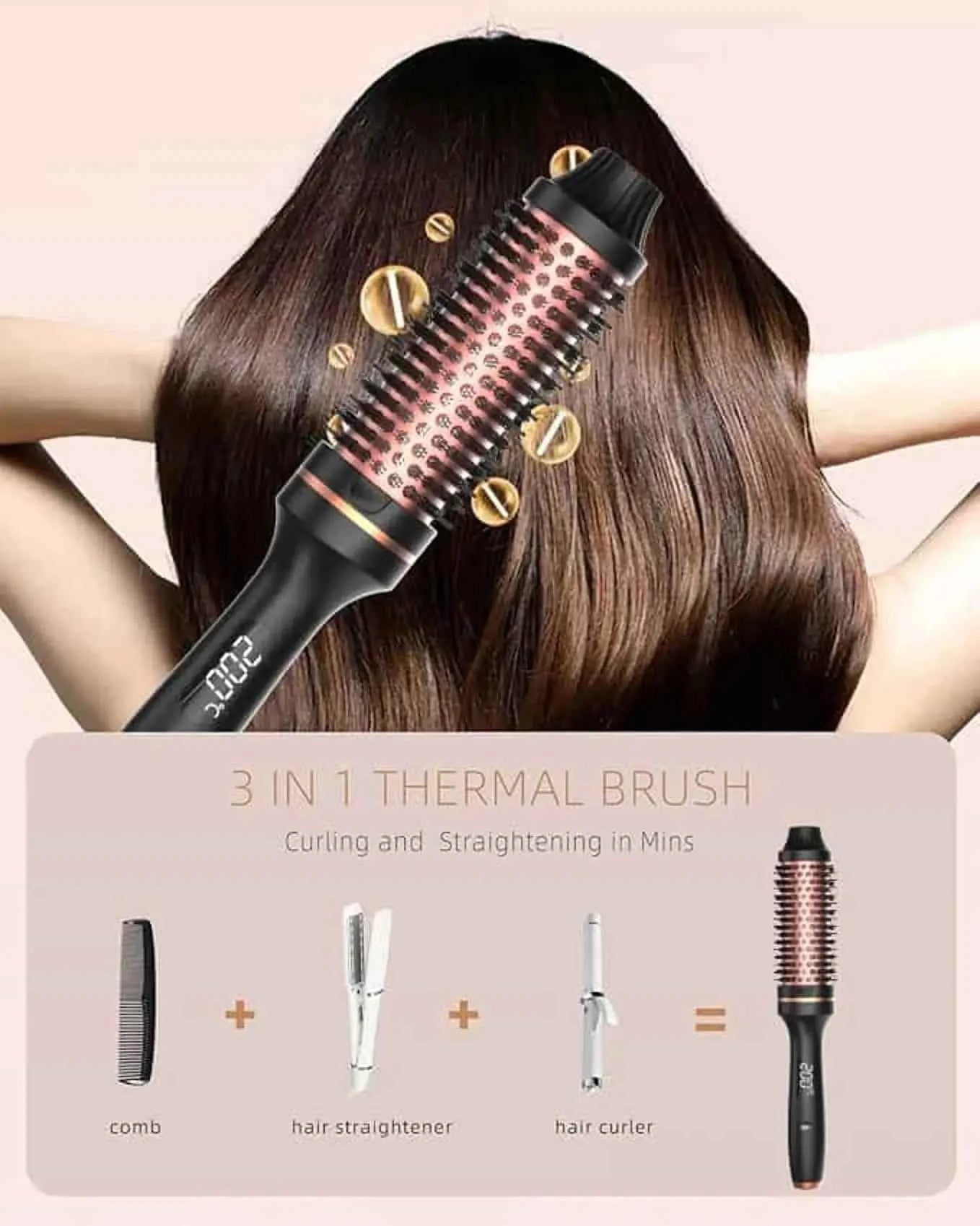 Professional Thermal Hair Brush 3 in 1: Curls, Straightens and Volumizes with Negative Ion Technology