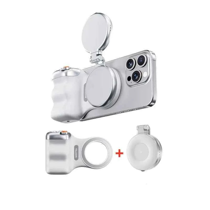 Magnetic Camera Grip White | Phone Holder & Remote Shutter Aid with MagSafe for iPhone, Google Pixel, Android Devices.
