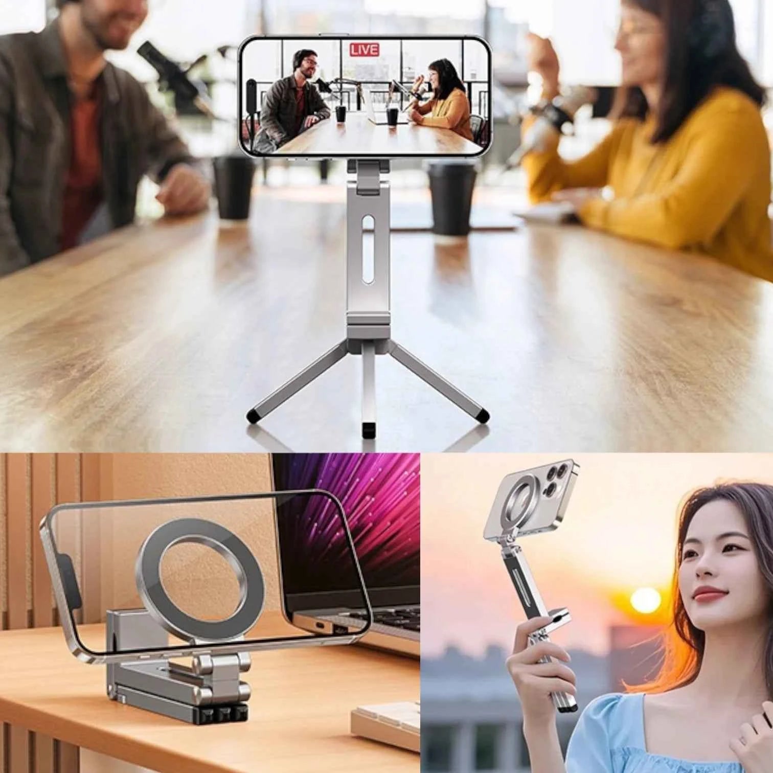 Magnetic Tripod Stand 360° Rotating Foldable Pocket Mount Compatible with iPhone and MagSafe Phones
