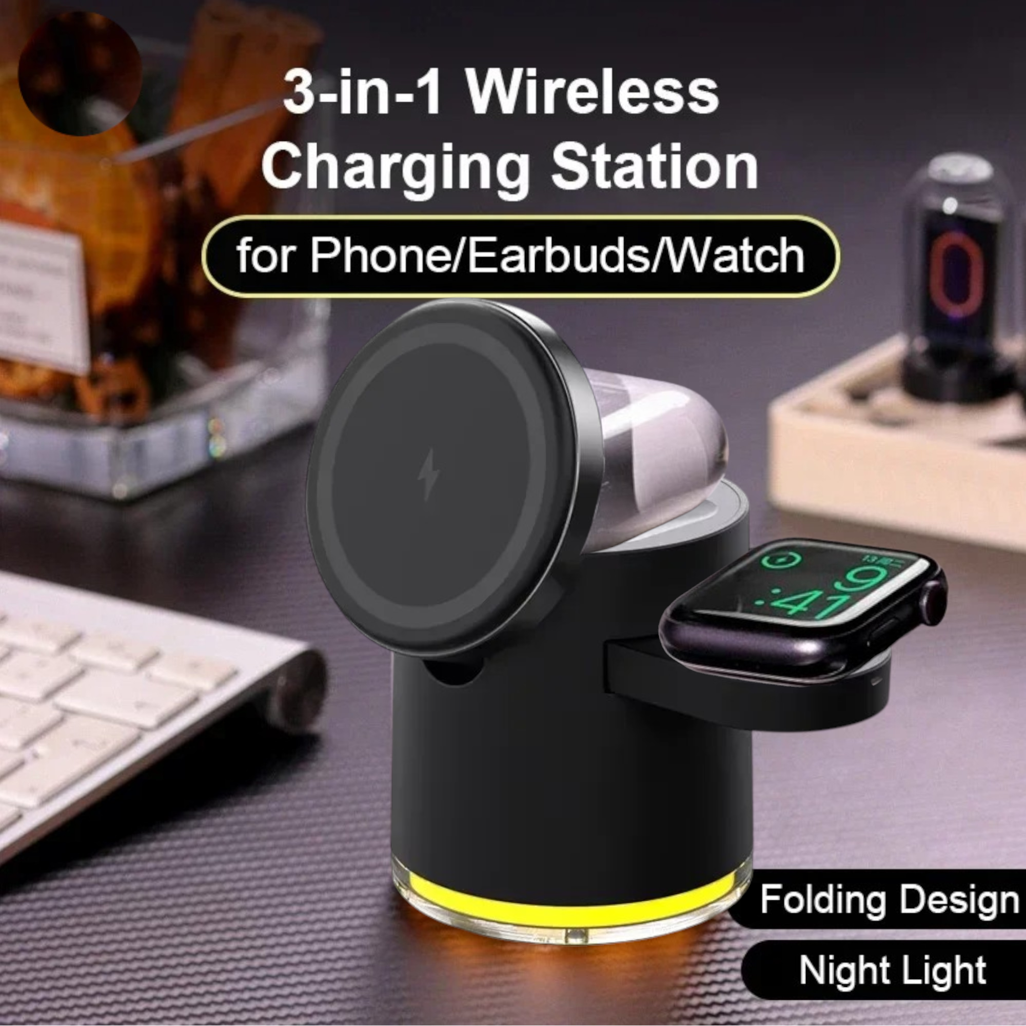 Wireless Charger Dock 4 in 1 Fast Charging Stand with Night Light, MagSafe iPhone 17/16/15/14 Pro Max, Apple Watch, and AirPods Pro 2–8
#Color=Black,Nero