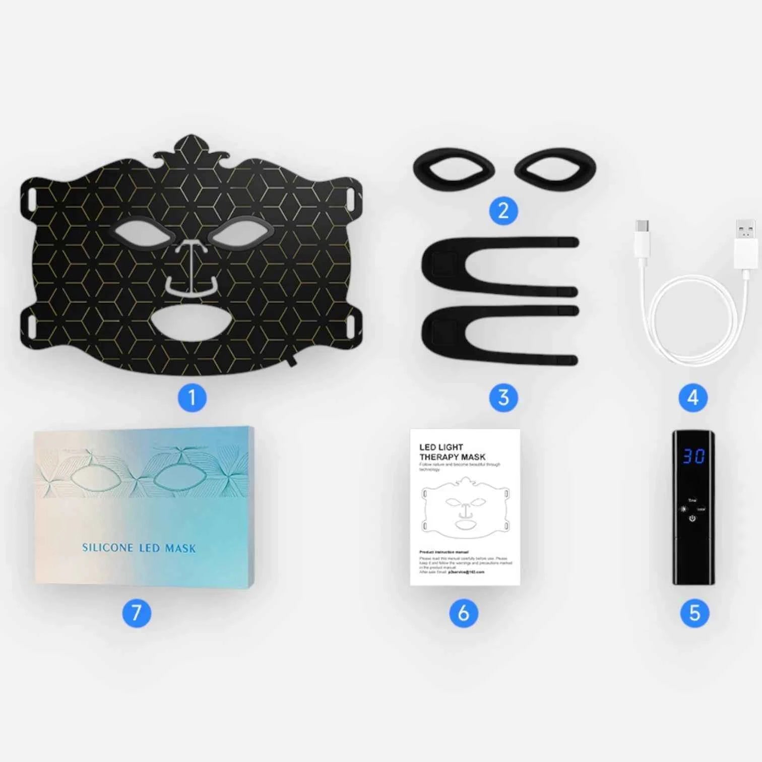 LED Facial Mask 7 Color Light Therapy Rechargeable With Remote Control