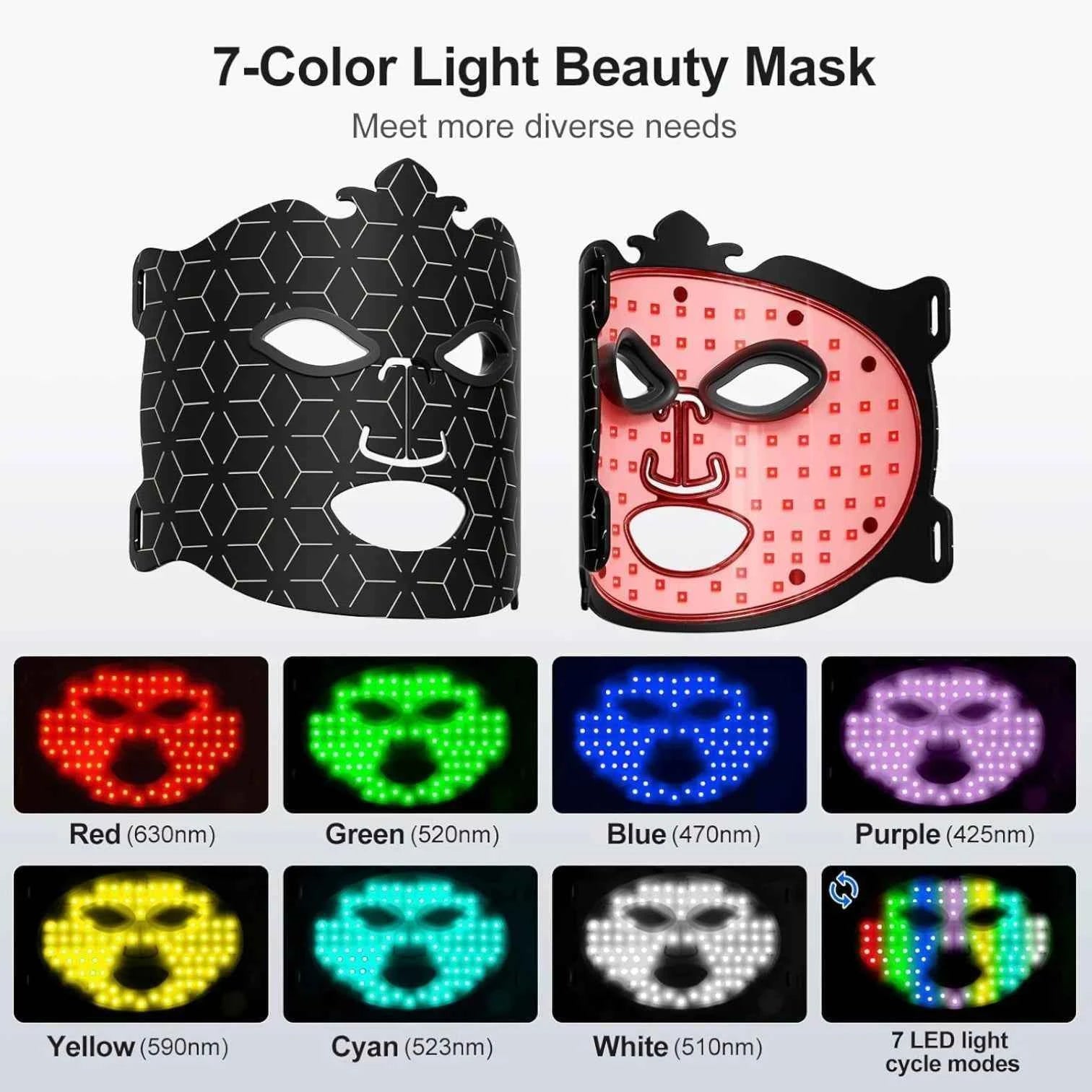 LED Facial Mask 7 Color Light Therapy Rechargeable With Remote Control