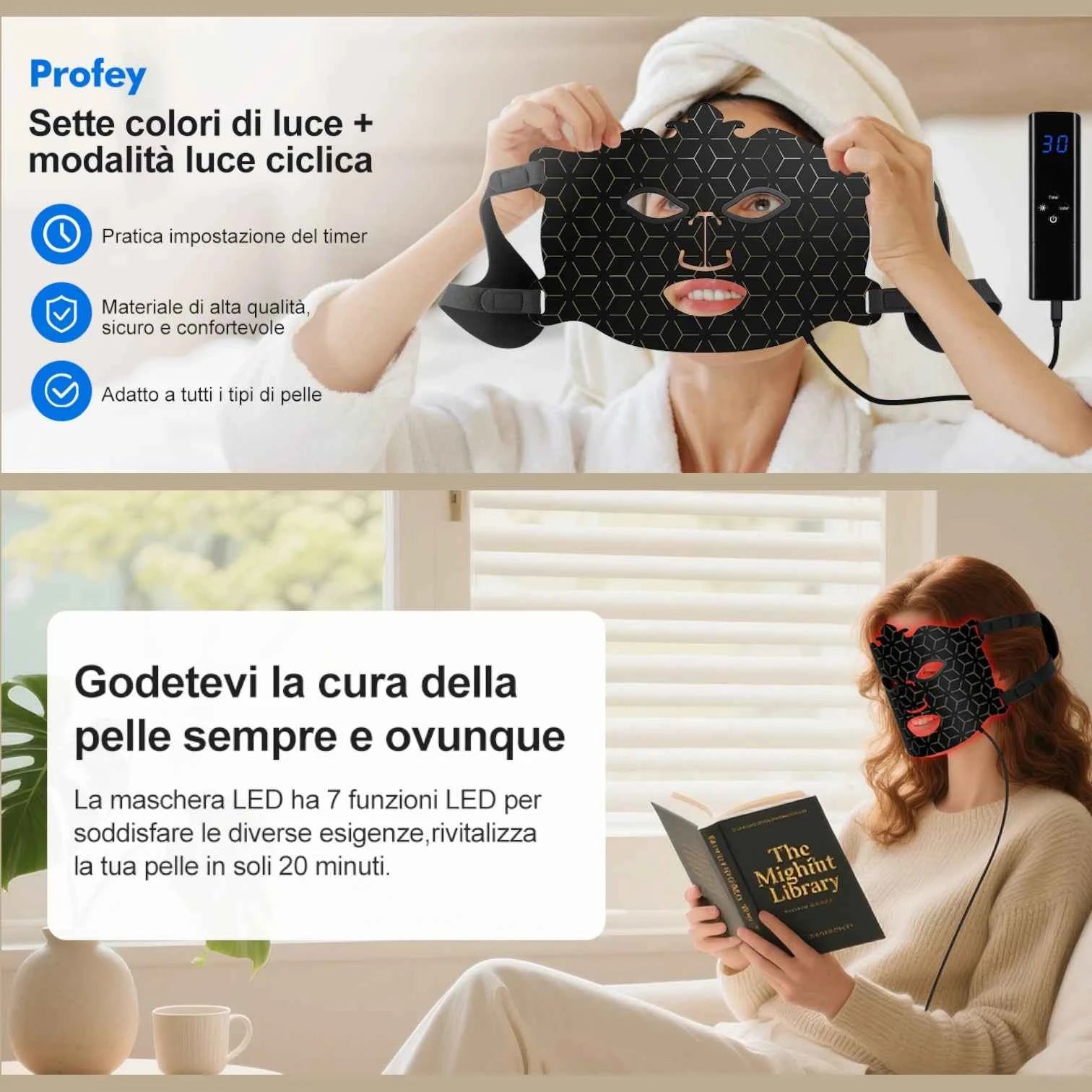 LED Facial Mask 7 Color Light Therapy Rechargeable With Remote Control