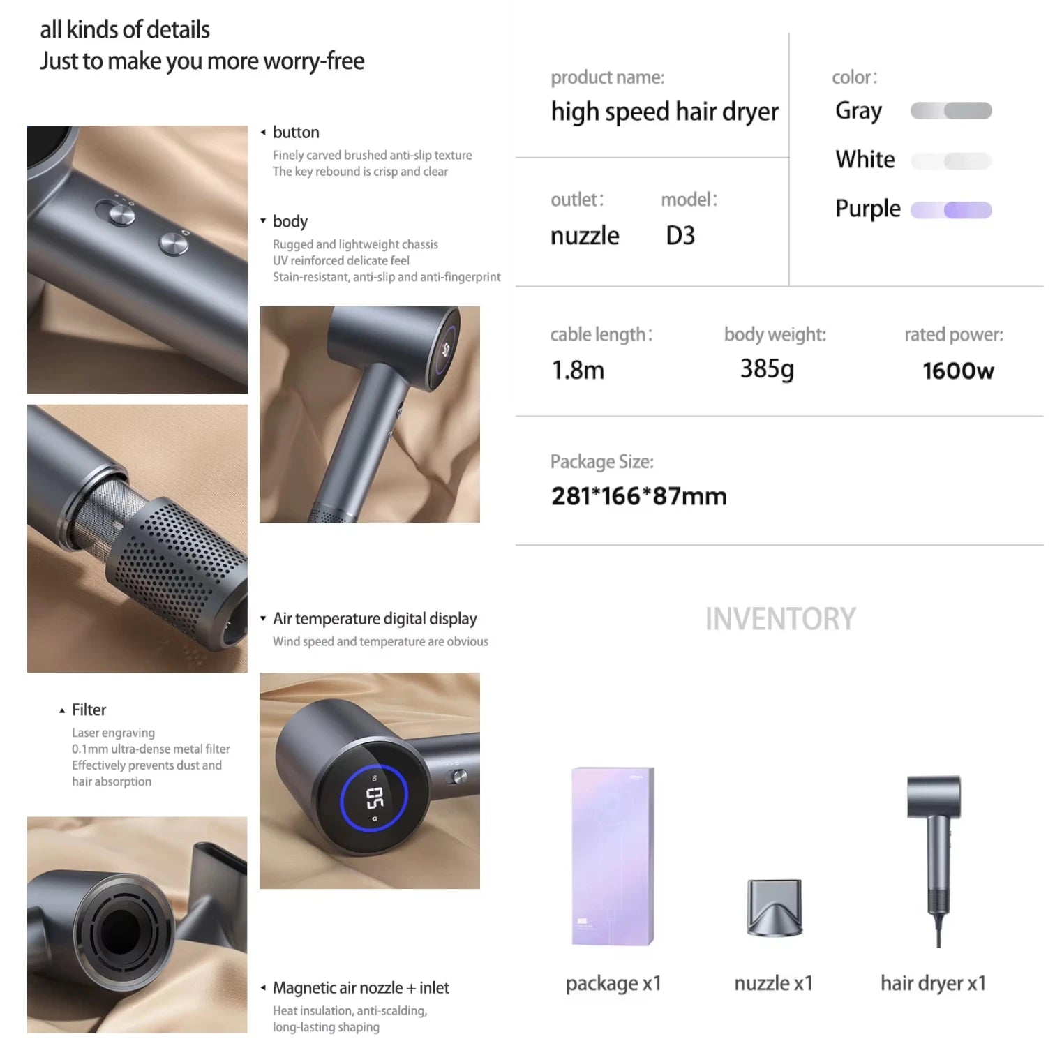 Hair Dryer LCD Display, 110,000 RPM High-Speed Airflow, Fast-Drying with Negative Ions, Professional Styling Tool