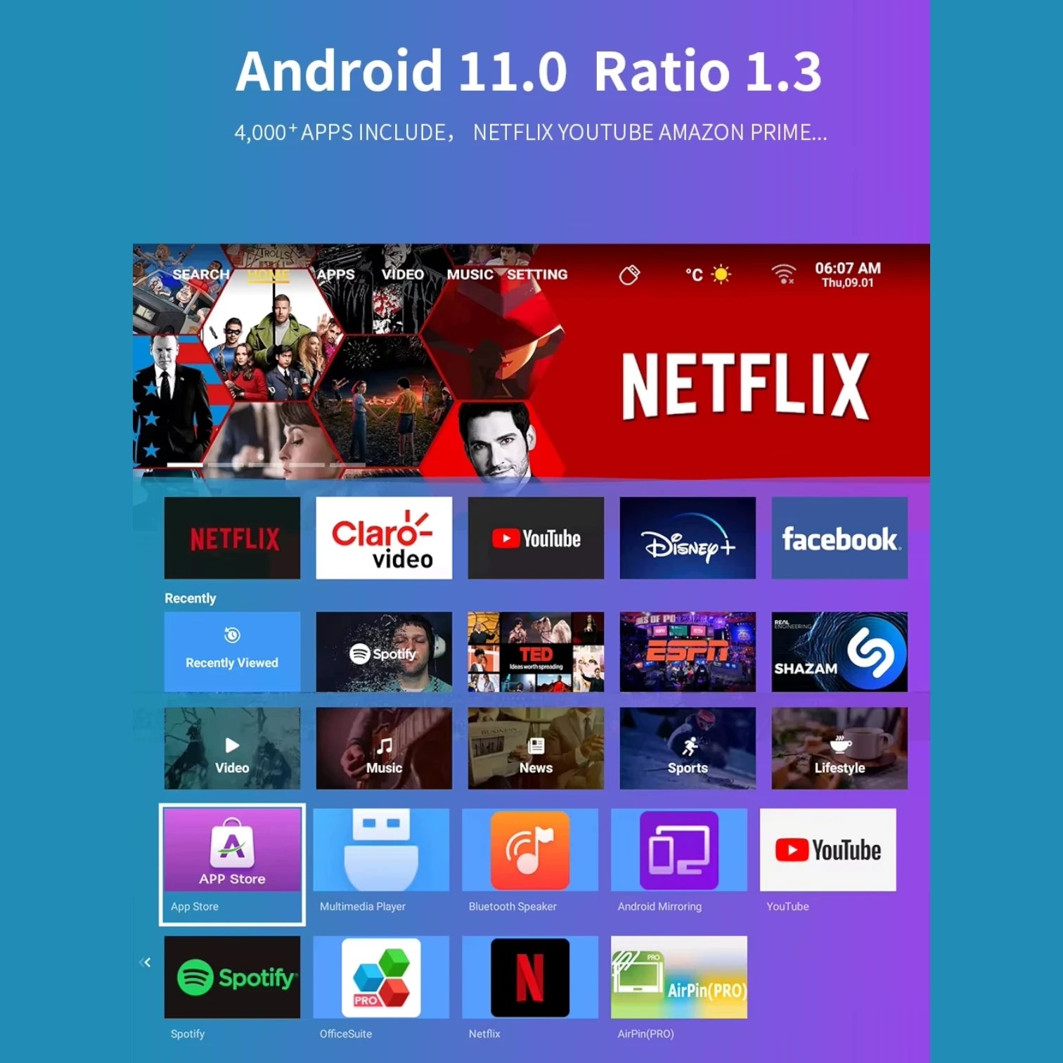 Rotating Projector Mini Smart Android 11 Home Cinema, 230 ANSI Lumens, 1080P Portable 4K Rechargeable Projector