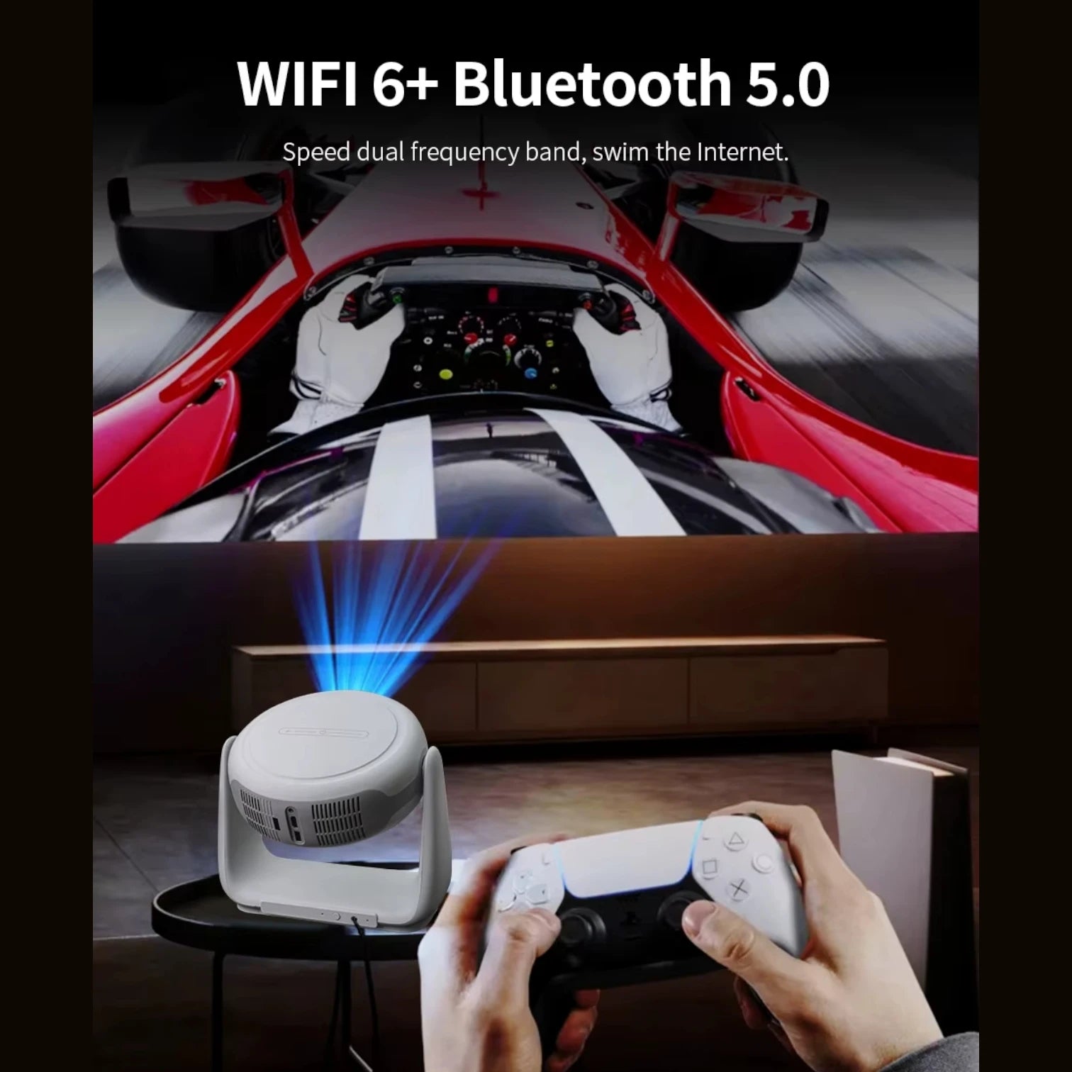 Rotating Projector Mini Smart Android 11 Home Cinema, 230 ANSI Lumens, 1080P Portable 4K Rechargeable Projector