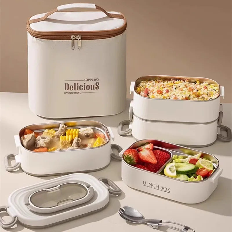 Thermal Bento Box 1500ml Double-Layer Stainless Steel 304 Lunch Container with Insulation Bag, Leak-Proof Food Storage for Adults and Students