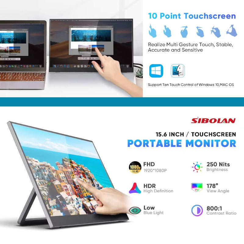 SIBOLAN Portable touchscreen monitor 15.6 inch FHD IPS display with USB dual extender and integrated kickstand for laptop and PC