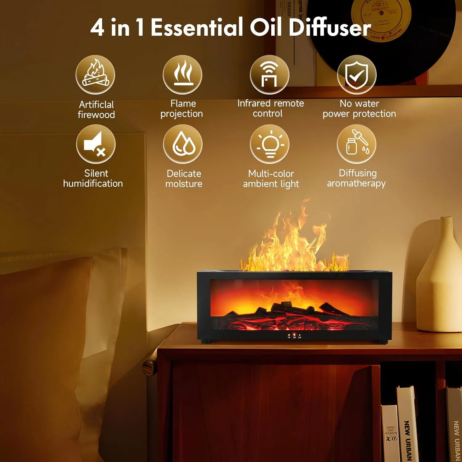Essential Oil Diffuser, 150ml Humidifier with LED Flame Effect 7 Colors and Remote Control
