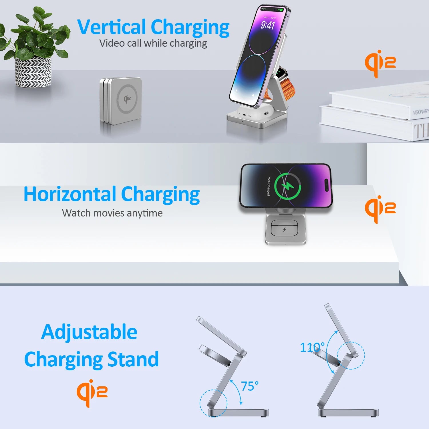 Magnetic Charger Station – Qi2 3-in-1 15W Fast Wireless Charging Dock for iPhone 16/15/14/13, Apple Watch & AirPods, Foldable Design
