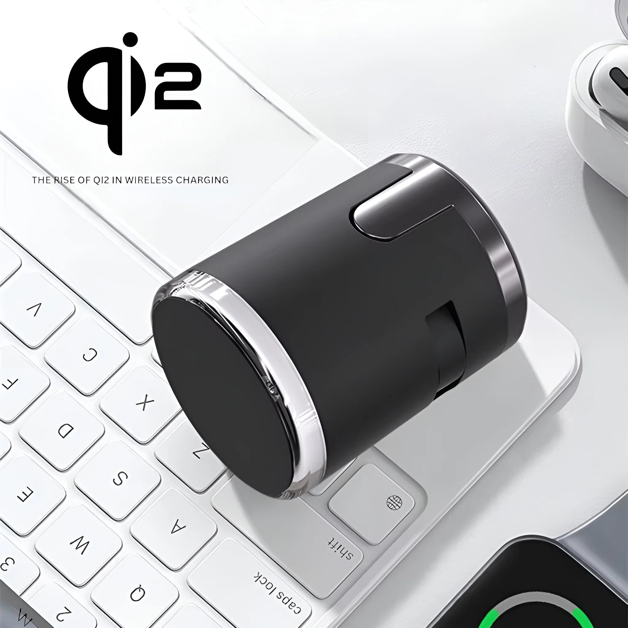 Foldable 4-in-1 Qi2 wireless charger powering a smartphone, smartwatch, and earbuds simultaneously