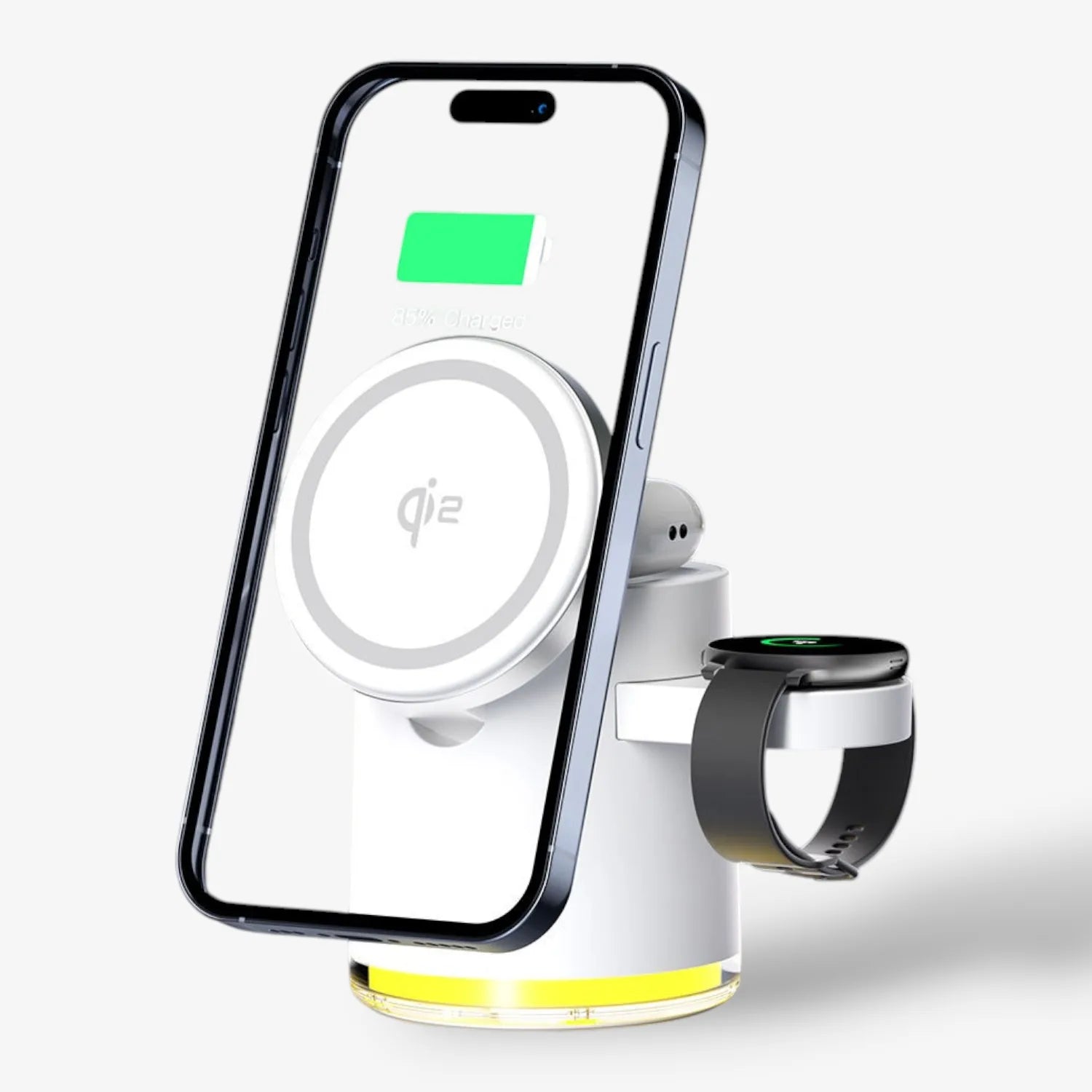 Foldable 4-in-1 Qi2 wireless charger powering a smartphone, smartwatch, and earbuds simultaneously