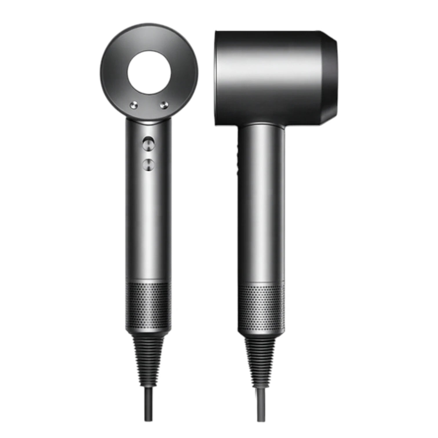 Silver and black hair dryer with nozzle attachment on a white background
#Color=Silver,Argento