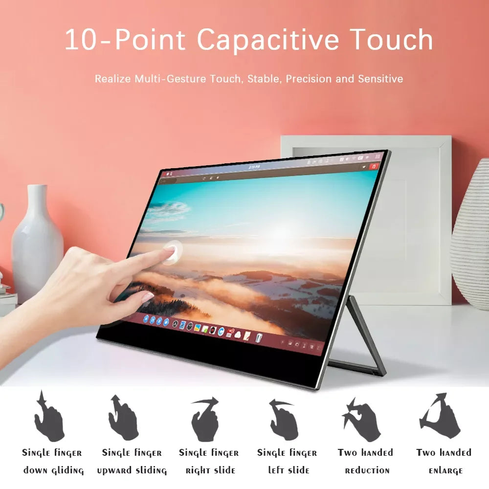 SIBOLAN Portable touchscreen monitor 15.6 inch FHD IPS display with USB dual extender and integrated kickstand for laptop and PC