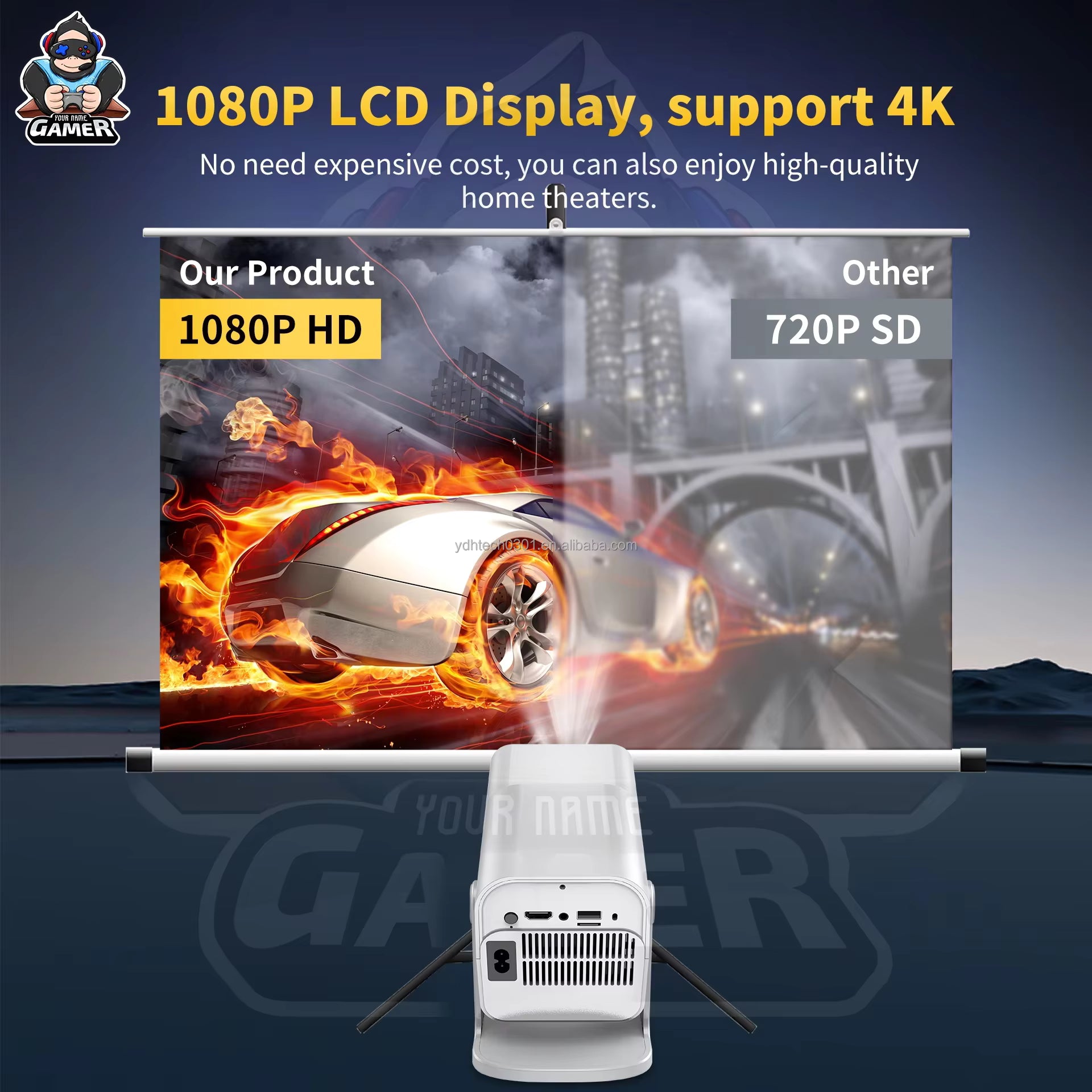 Game Projector 4K YDH-HCS350 Pro 2025 Android 11, 1000 Lumens, 150 Inch Display, BT5.0, Auto Zoom, 2G RAM Portable Projector