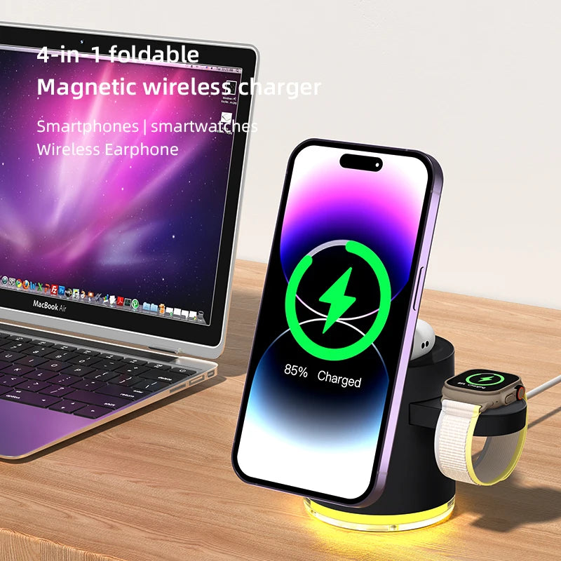 Wireless Charger Dock 4 in 1 Fast Charging Stand with Night Light, MagSafe iPhone 17/16/15/14 Pro Max, Apple Watch, and AirPods Pro 2–8