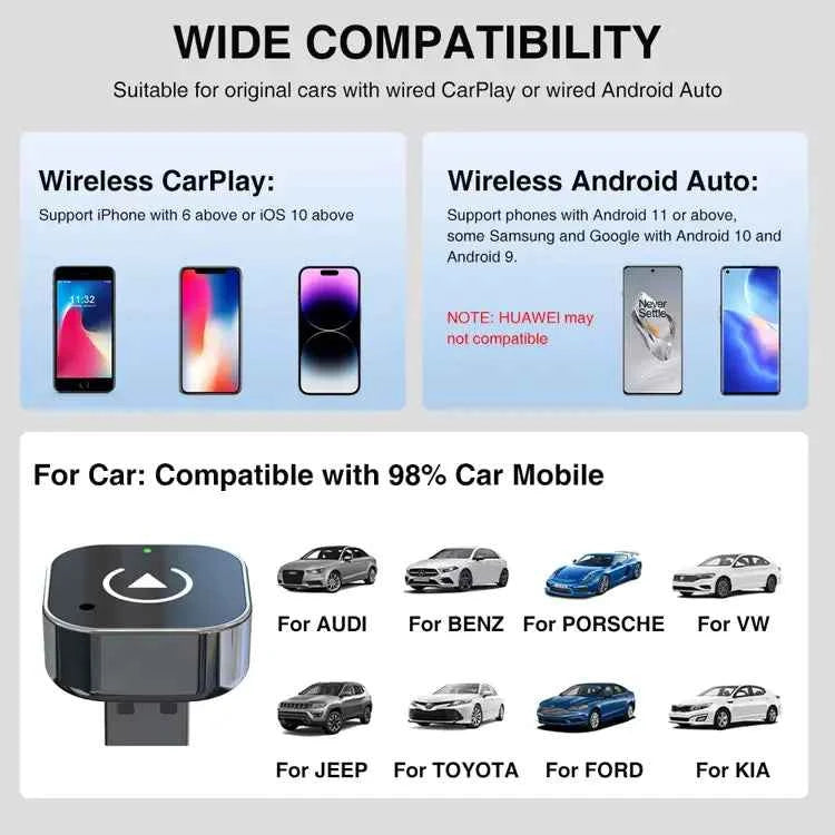 2-in-1 Wireless Adapter for CarPlay & Android Auto | Convert Wired Connection to Fast Wi-Fi